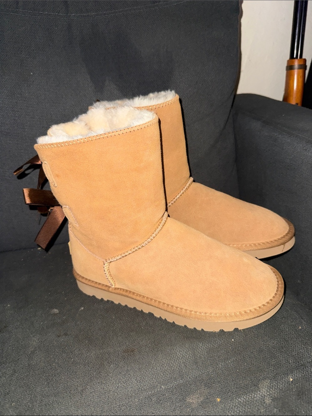 UGG Chestnut Suede Shearling Short Boots with Back Bows